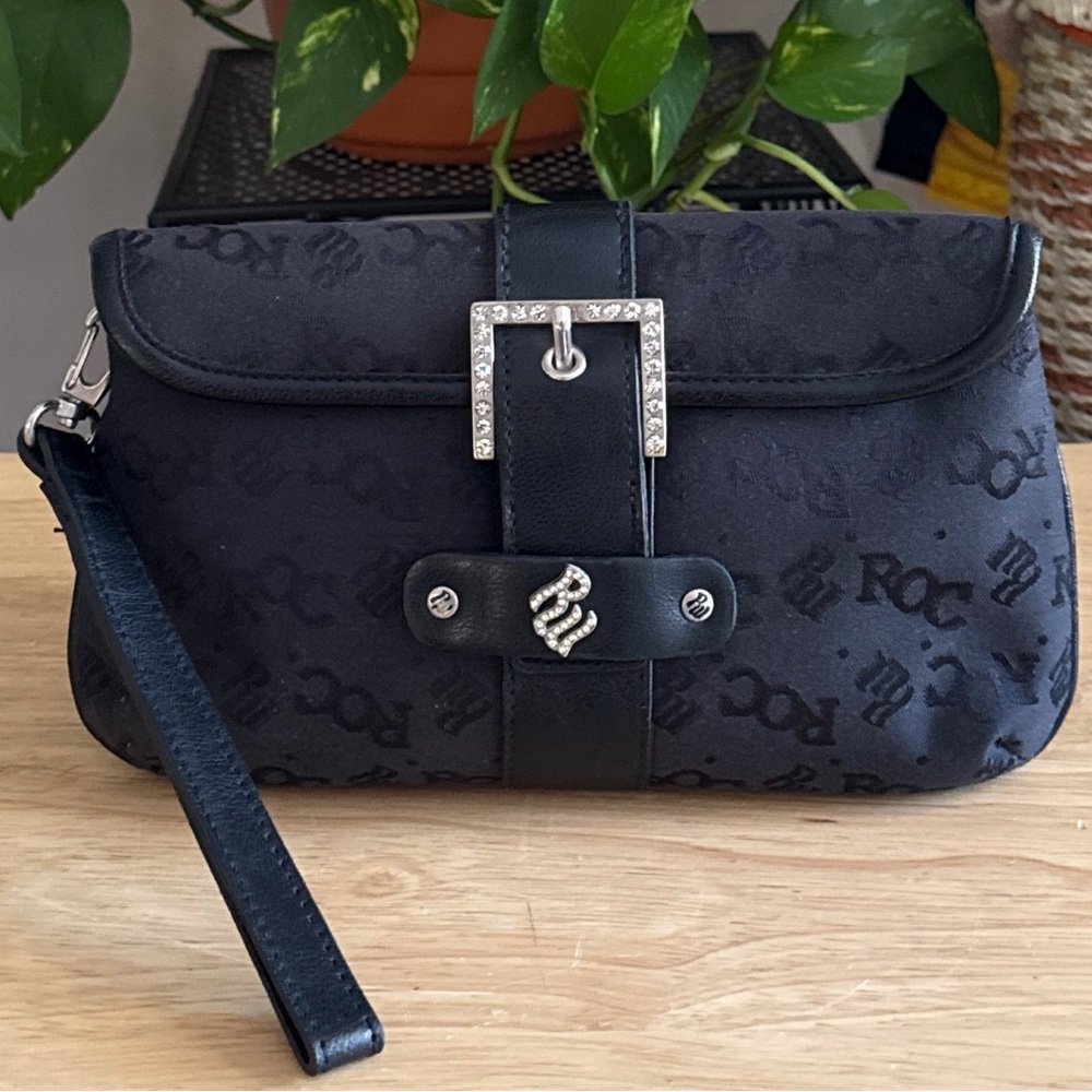 Y2K Rocawear Black Logo Wristlet Rhinestone Buckle Clutch Removable Strap